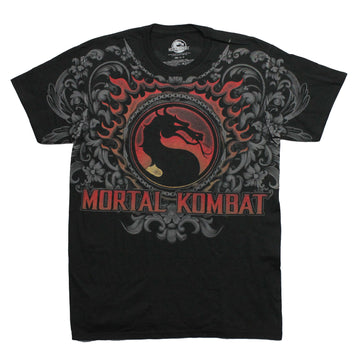 Mortal Kombat Mens T-Shirt - Logo In Chained Portrait Among Gray Flowers