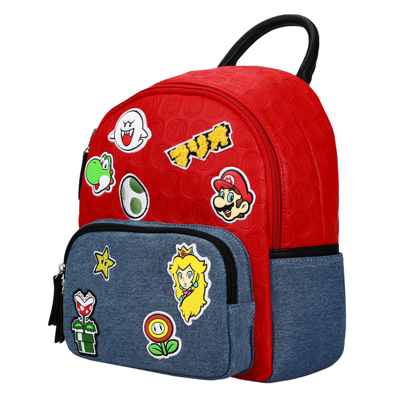 Super Mario Icon Patches red and Blue denim tone Embossed Mini Backpack