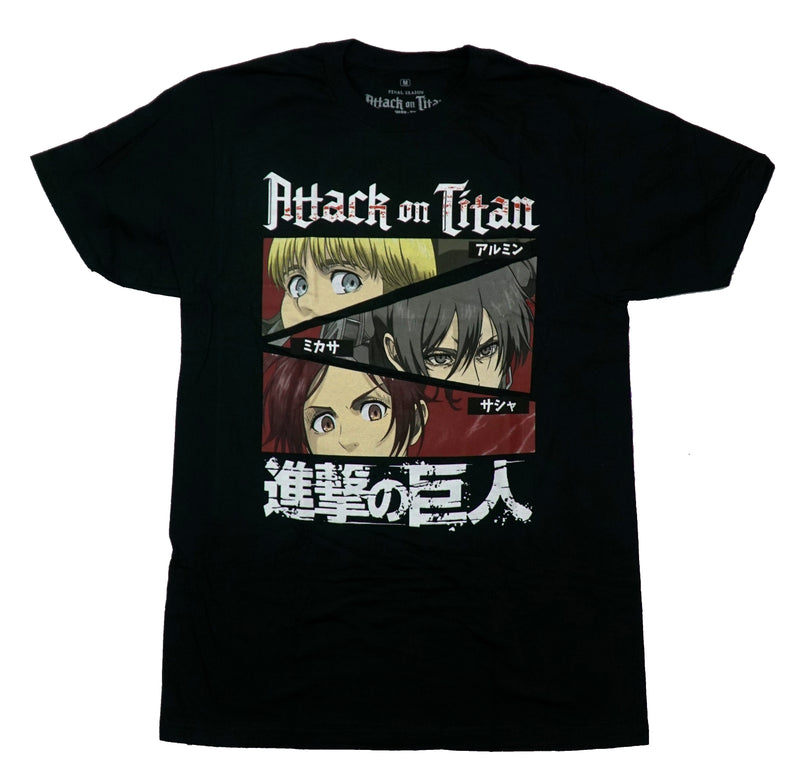 Attack on Titan  Mens T-Shirt - Aluminum Mikasa & Sasha Above Distressed Kanji