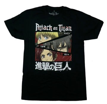 Attack on Titan  Mens T-Shirt - Aluminum Mikasa & Sasha Above Distressed Kanji