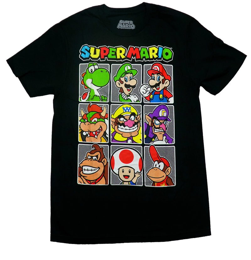 Super Mario Mens T-Shirt - Nine Colorful Character White Dot Boxes