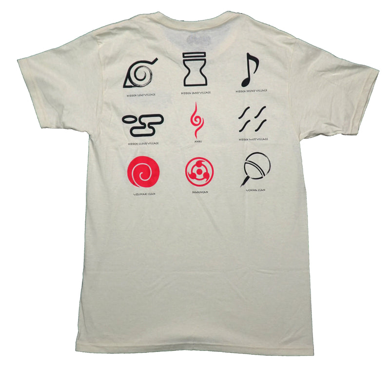 Naruto Mens T-Shirt - Lapel Name Village and Clan Symbols On Back
