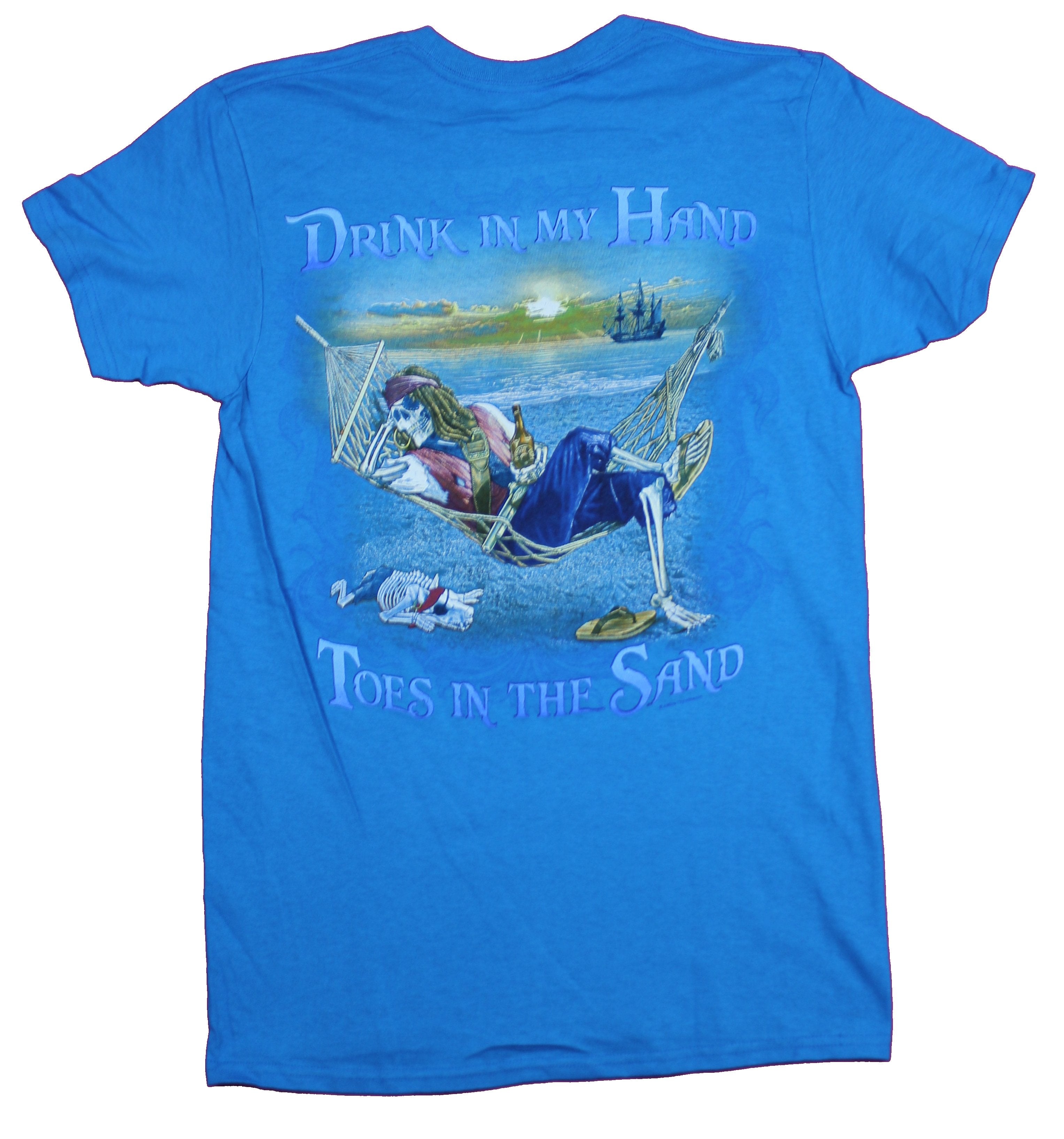 Pirate Skeleton Mens T-Shirt  - Drink In My Hand Toes in the Sand