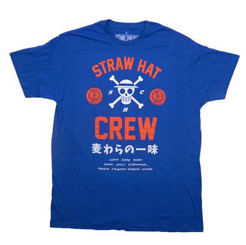 One Piece Mens T-Shirt - Skull Logo Straw Hat Crew Names Below Kanji