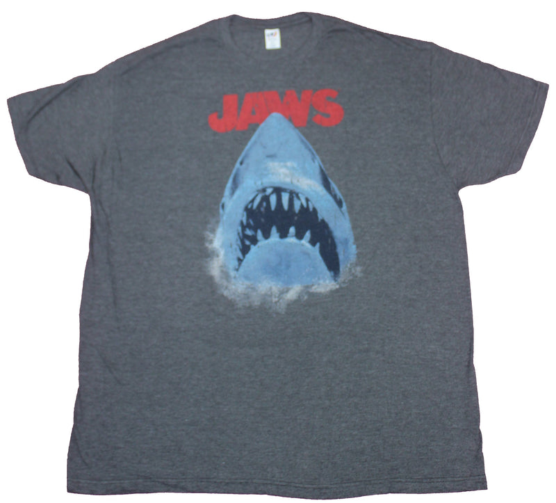 Jaws Mens T-Shirt- Distressed Big Mouth Shark Under Red Name Image