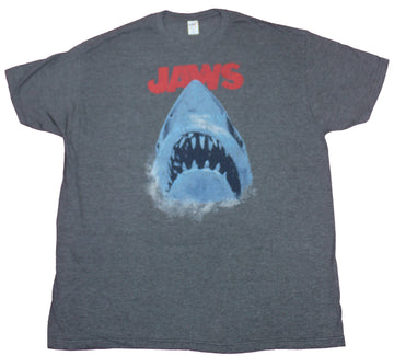 Jaws Mens T-Shirt- Distressed Big Mouth Shark Under Red Name Image