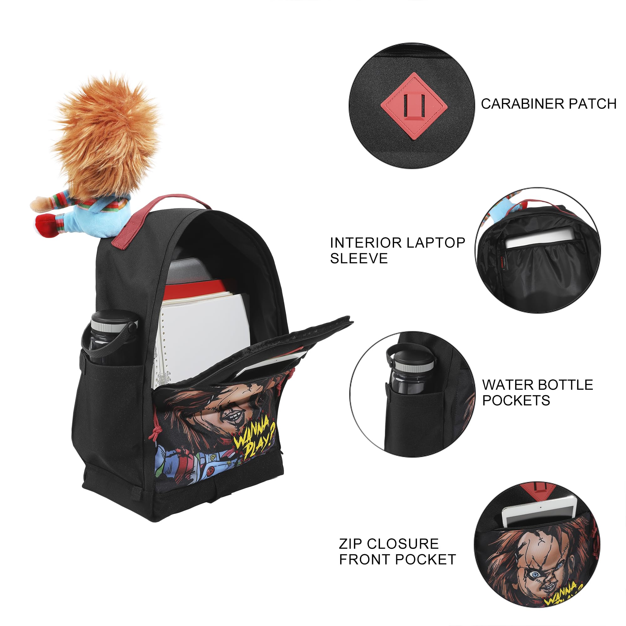 Chucky 17.5" Black adult Backpack With Plush Character Charm - Inmyparentsbasement.com