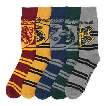 Bioworld Harry Potter Hogwarts House Crests on Varsity Stripes Men's Casual Crew Socks (5 Pairs)