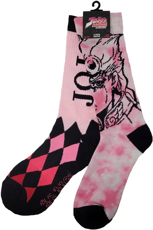 Ripple Junction JoJo's Bizarre Adventure Adult Crew Socks 2 Pack Giorno Pink Tie Dye and Argyle Officially Licensed