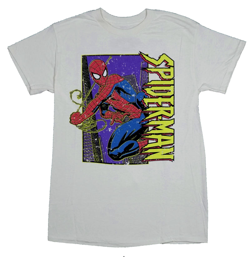 Spider-man Mens T-Shirt - Flying In Purple City Vertical Logo