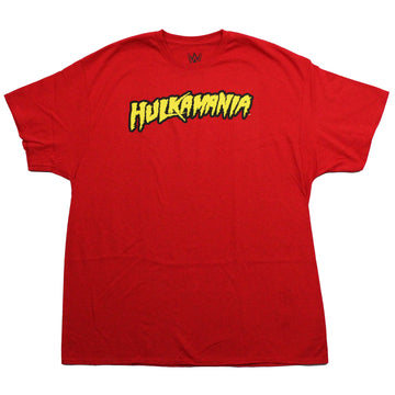WWE Mens T-Shirt - Hulkamania Hulk Yellow Logo With Black Outline on Red
