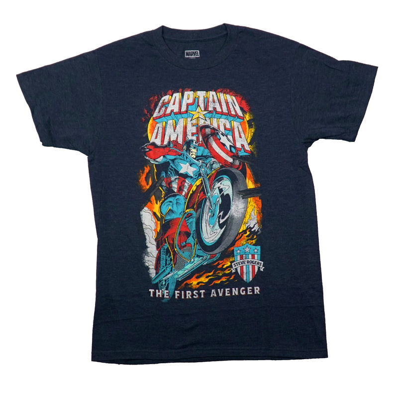 Captain America Mens T-Shirt - On Motorcycle The First Avenger Steve Rogers