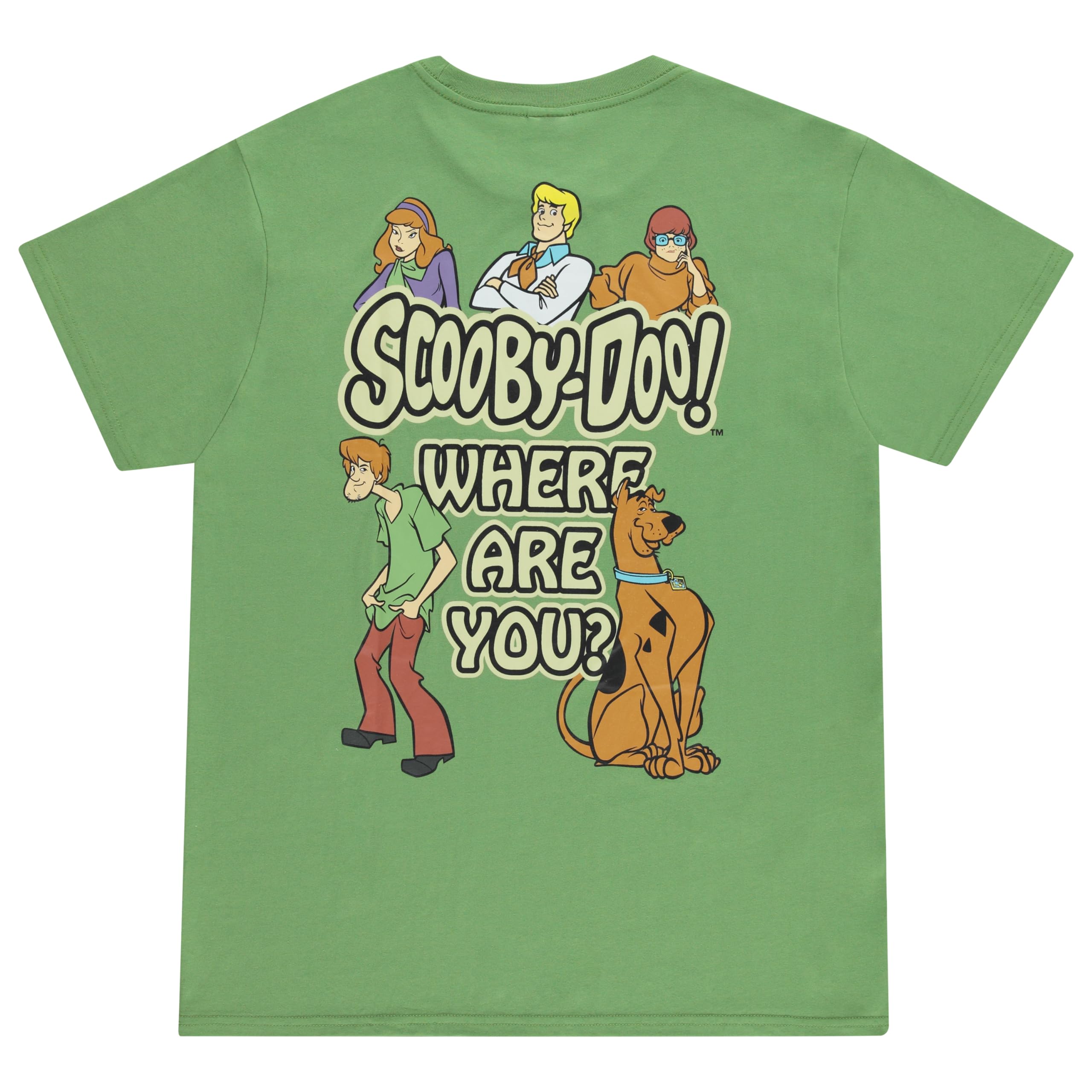 Scooby-Doo Mens Throwback Shirt, Shaggy, Velma Tee - Classic Front and Back Rubber Patch T-Shirt