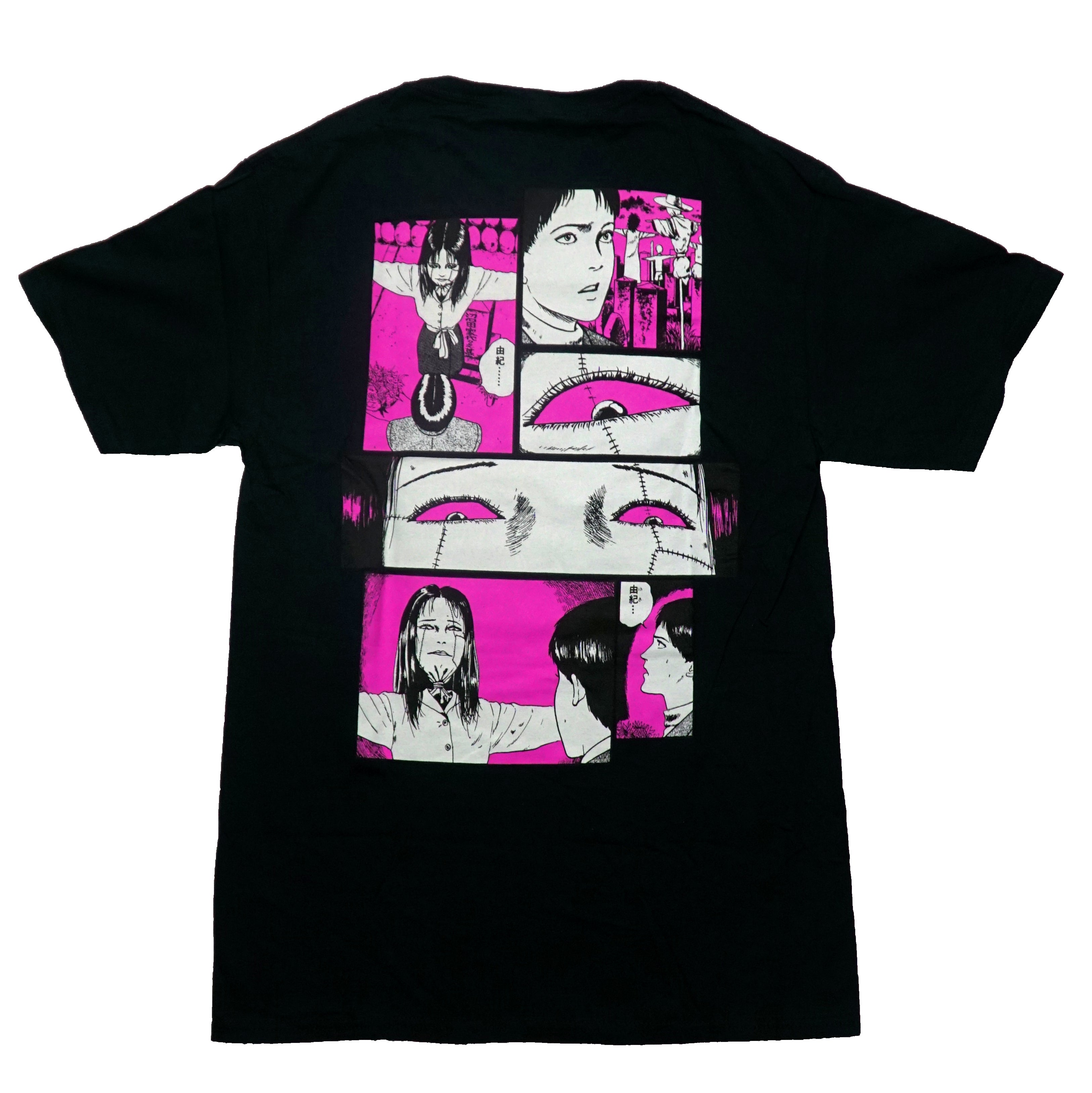 Junji-Ito Mens T-Shirt - Girl Scarecrow Over B & W Field Pink Coat Back