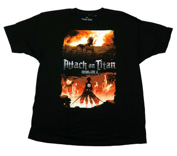 Attack on Titan Mens T-Shirt - Key Art Burning City Below Titan & Logo