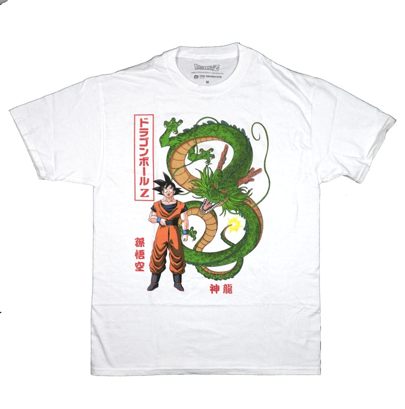 Dragon Ball Z Mens T-Shirt - Goku Standing Below Shenron Orange Kanji