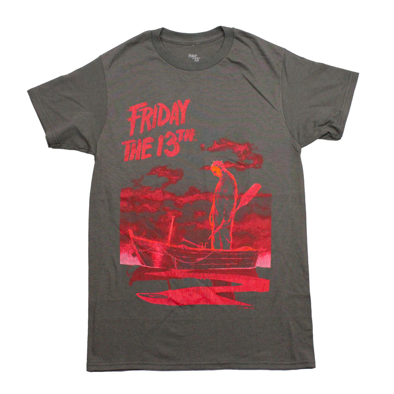 Friday the 13th Mens T-Shirt -  Jason Standing In Boat All Red Distressed