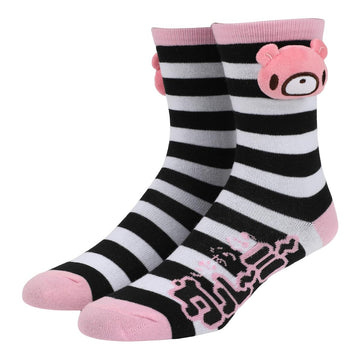 Bioworld Gloomy Bear Plush Character Head Attachments Adult Black & White Striped Casual Crew Socks