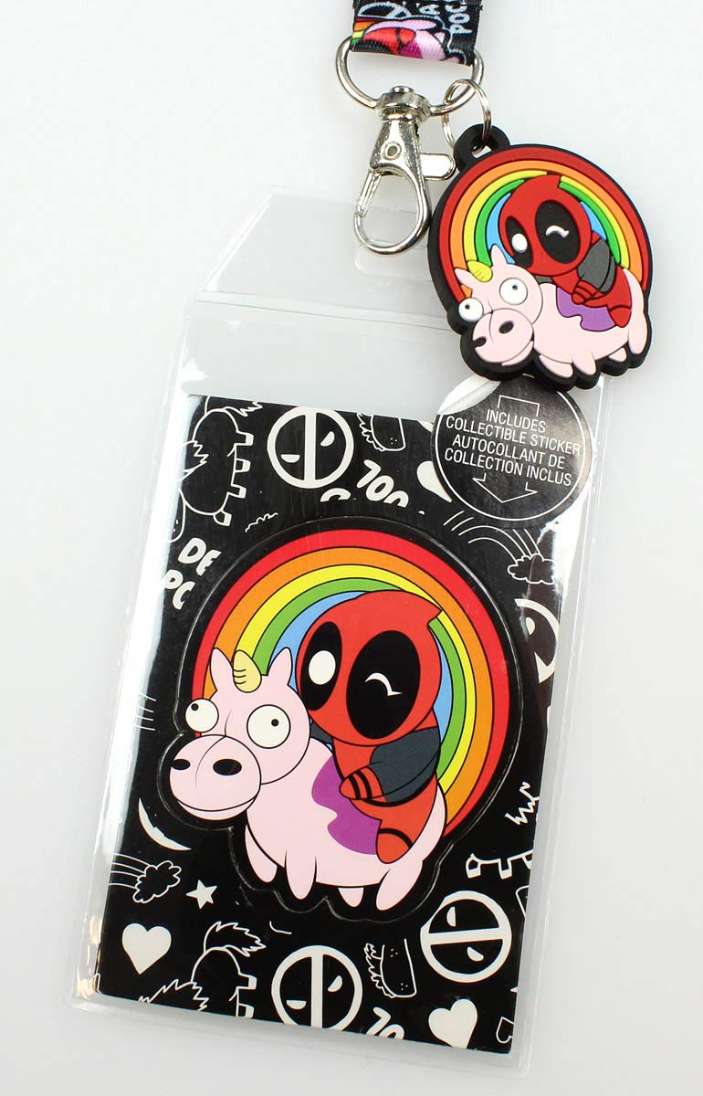 Marvel Deadpool Chibi Lanyard ID Holder with Unicorn and Rainbow Rubber Charm Pendant and Collectible Sticker