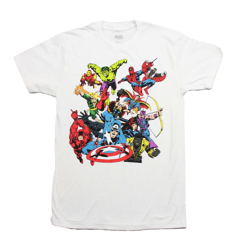 Marvel Comics Mens T-Shirt - Flying Charging HEroes Lead by Captian America