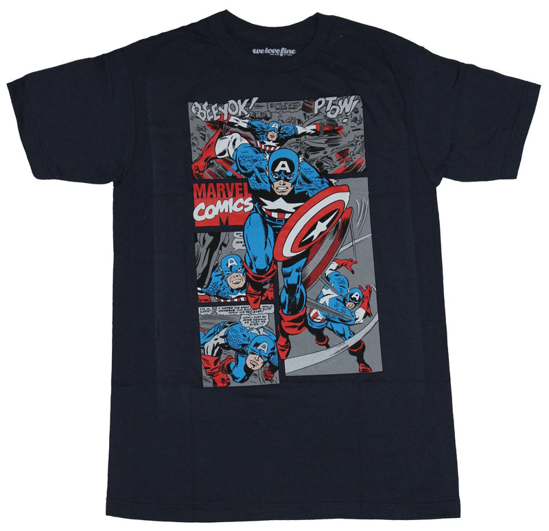 Captain America Mens T-Shirt -  Rushing In Over Multiple Battle Panels Image