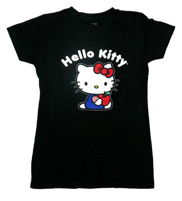 Hello Kitty Mens T-Shirt - Sitting Looking Out Holding Apple