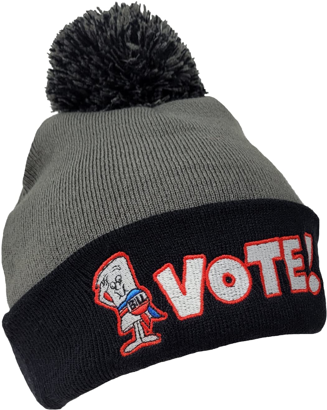 Ripple Junction Schoolhouse Rock Vote Embroidered Navy and Grey Pom Pom Adult Unisex Fitted Winter Hat Beanie