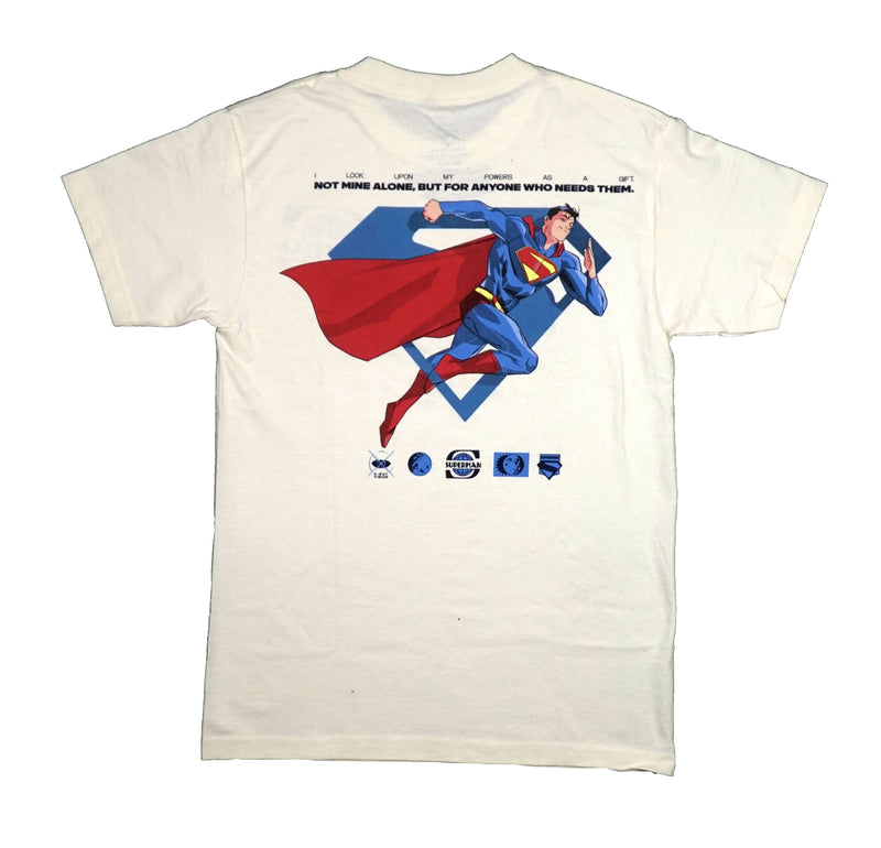 Superman Mens T-Short - Lapel Logo Running Pose Back I Look Upon My Powers