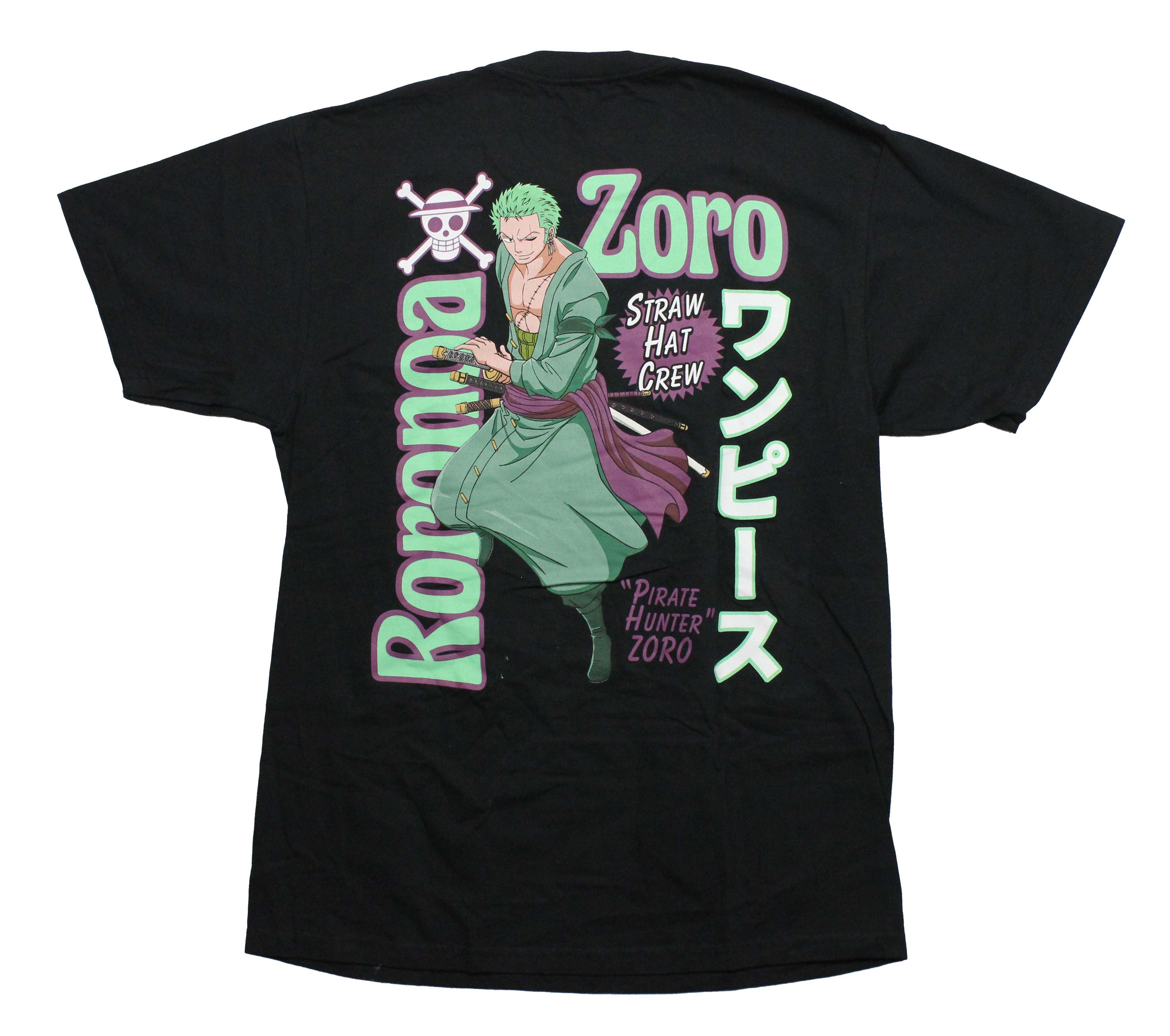 One Piece Mens T-Shirt - Roronoa Zoro Lapel Logo and Image on Back