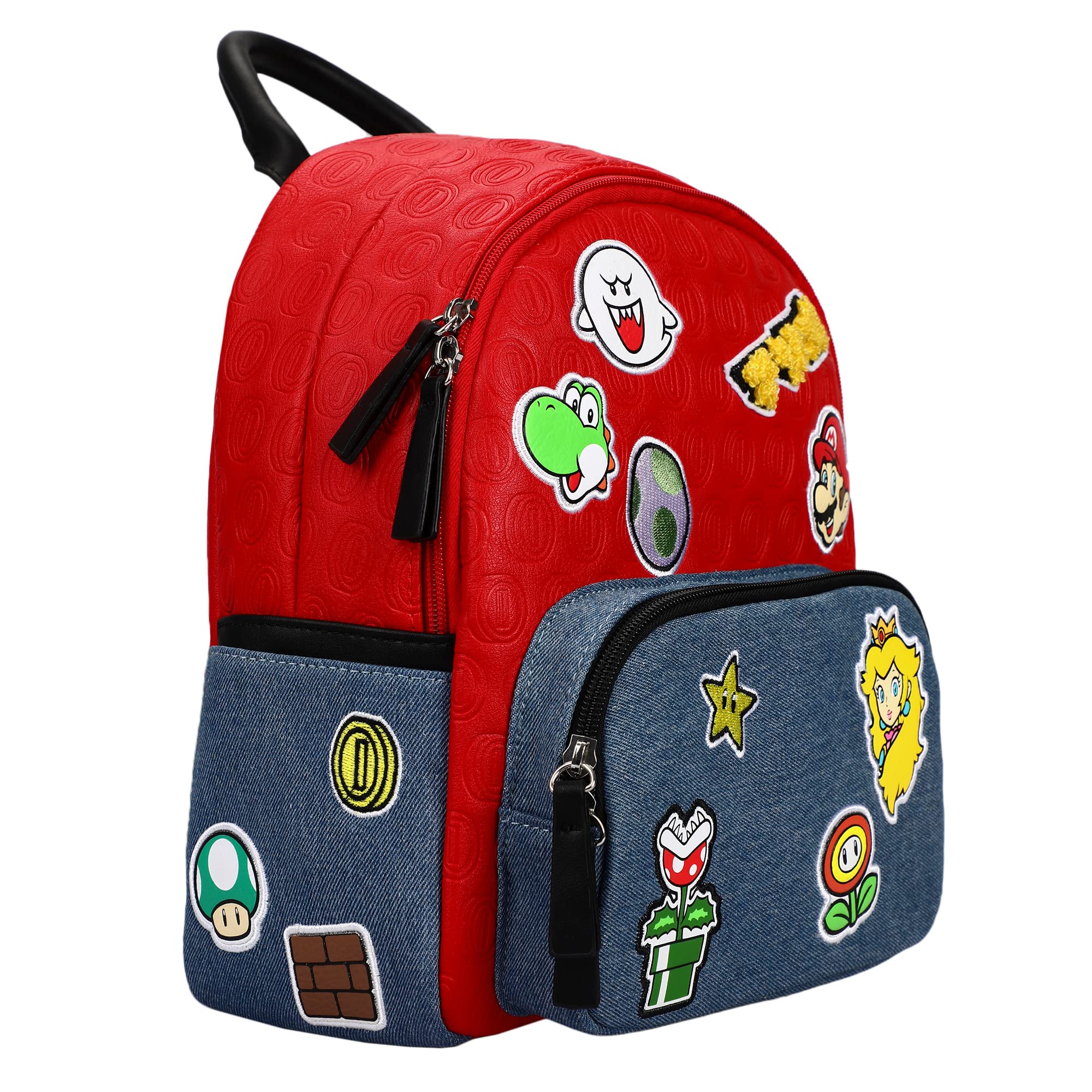 Super Mario Icon Patches red and Blue denim tone Embossed Mini Backpack