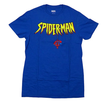 Spider-Man Mens T-Shirt - Small Spidey Hanging Upside Down From Logo