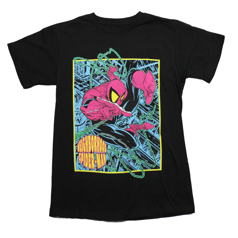 Spider-Man Mens T-Shirt -  Black Light Style Flying in Blue Neighborhood