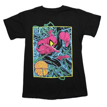 Spider-Man Mens T-Shirt -  Black Light Style Flying in Blue Neighborhood