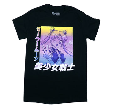 Sailor Moon Mens T-Shirt - Winking  Peace Sign Kanji Color Wave