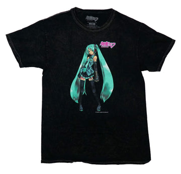 Hatsune Miku Mens T-Shirt - Posing By Pink Kanji Stone Washed