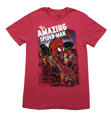 Spider-Man Mens T-Shirt -Amazing Flying Distressed City Below