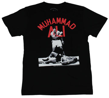 Muhammad Ali Mens T-Shirt - Red Words Standing Over Downed Opponent
