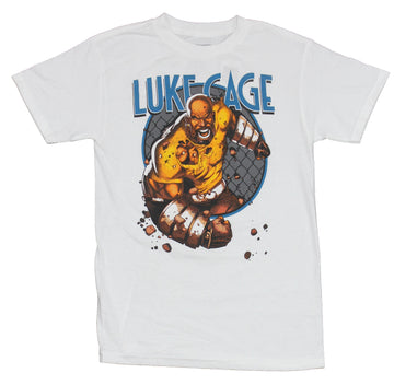 Luke Cage (Marvel Comics) Mens T-Shirt - Charging Through Wall Under Name