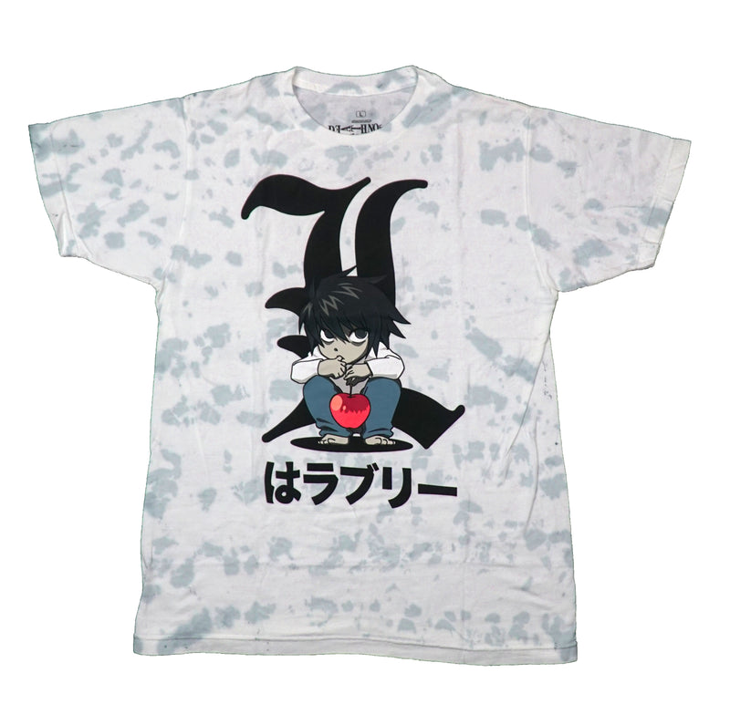 Death Note Mens T-Shirt -  Chibi Character Holding Apple over Kanji Tie Dye