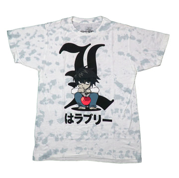 Death Note Mens T-Shirt -  Chibi Character Holding Apple over Kanji Tie Dye