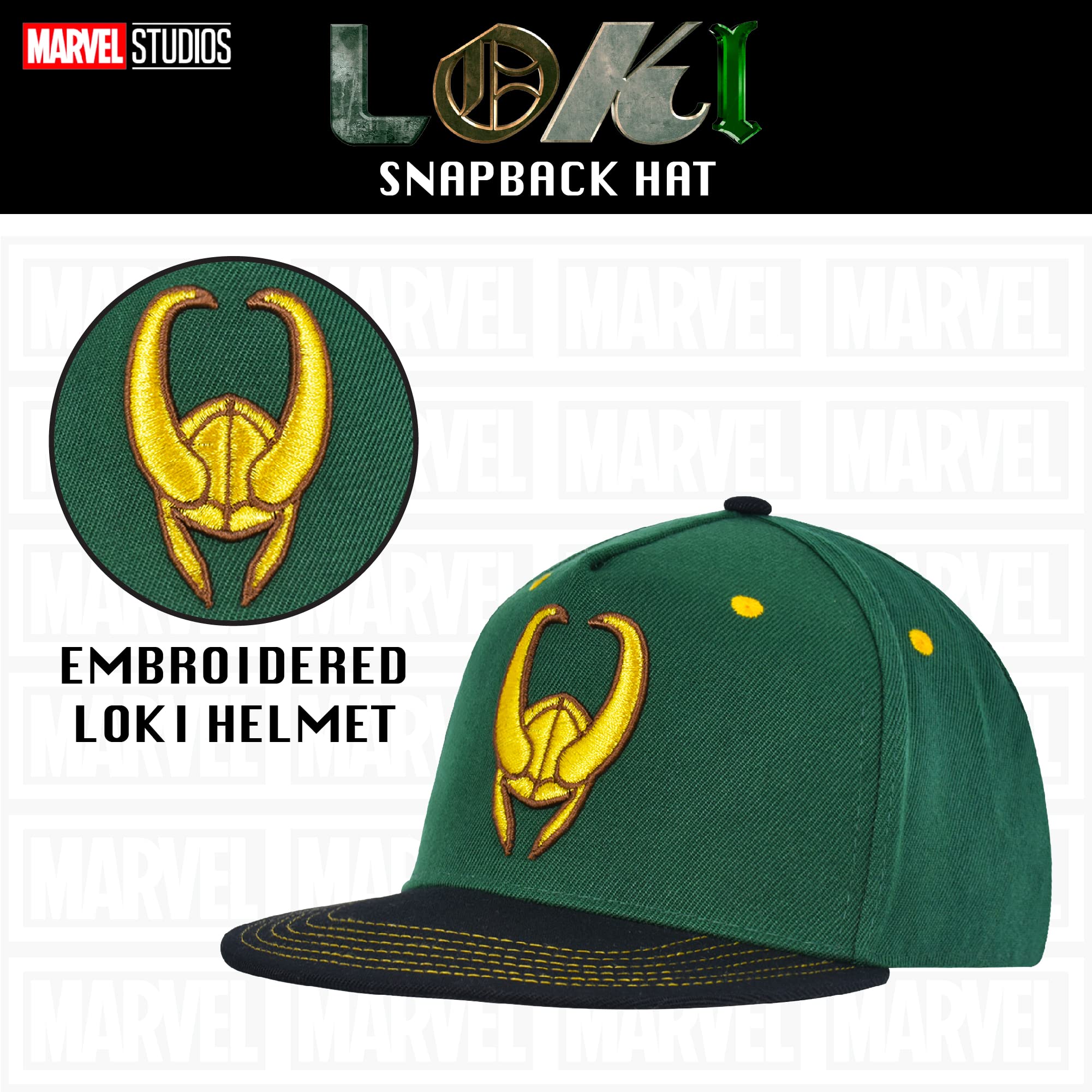 Marvel Loki Baseball Hat, Gold Embroidered Logo Adult Snapback Cap with Flat Brim, Green, One Size
