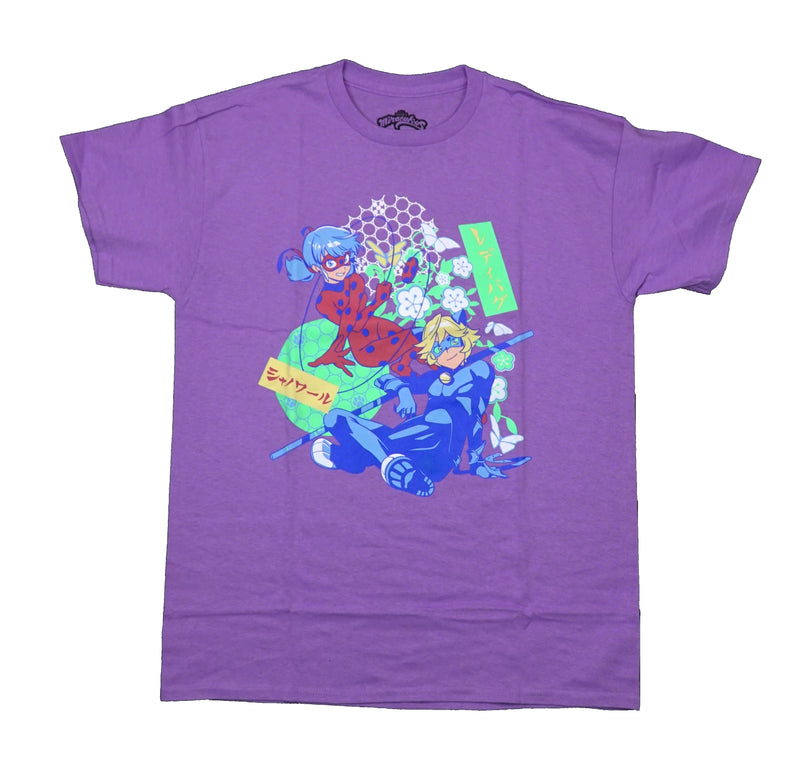 Miraculous  Mens T-Shirt - Lady Bug & Cat Noir Posing Flowers Butterflies