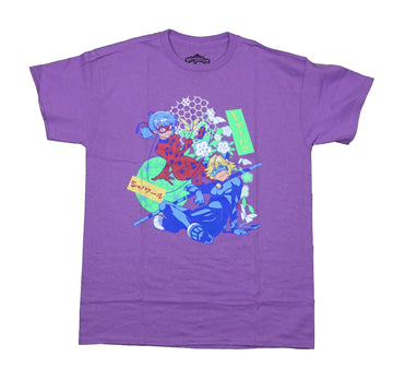 Miraculous  Mens T-Shirt - Lady Bug & Cat Noir Posing Flowers Butterflies