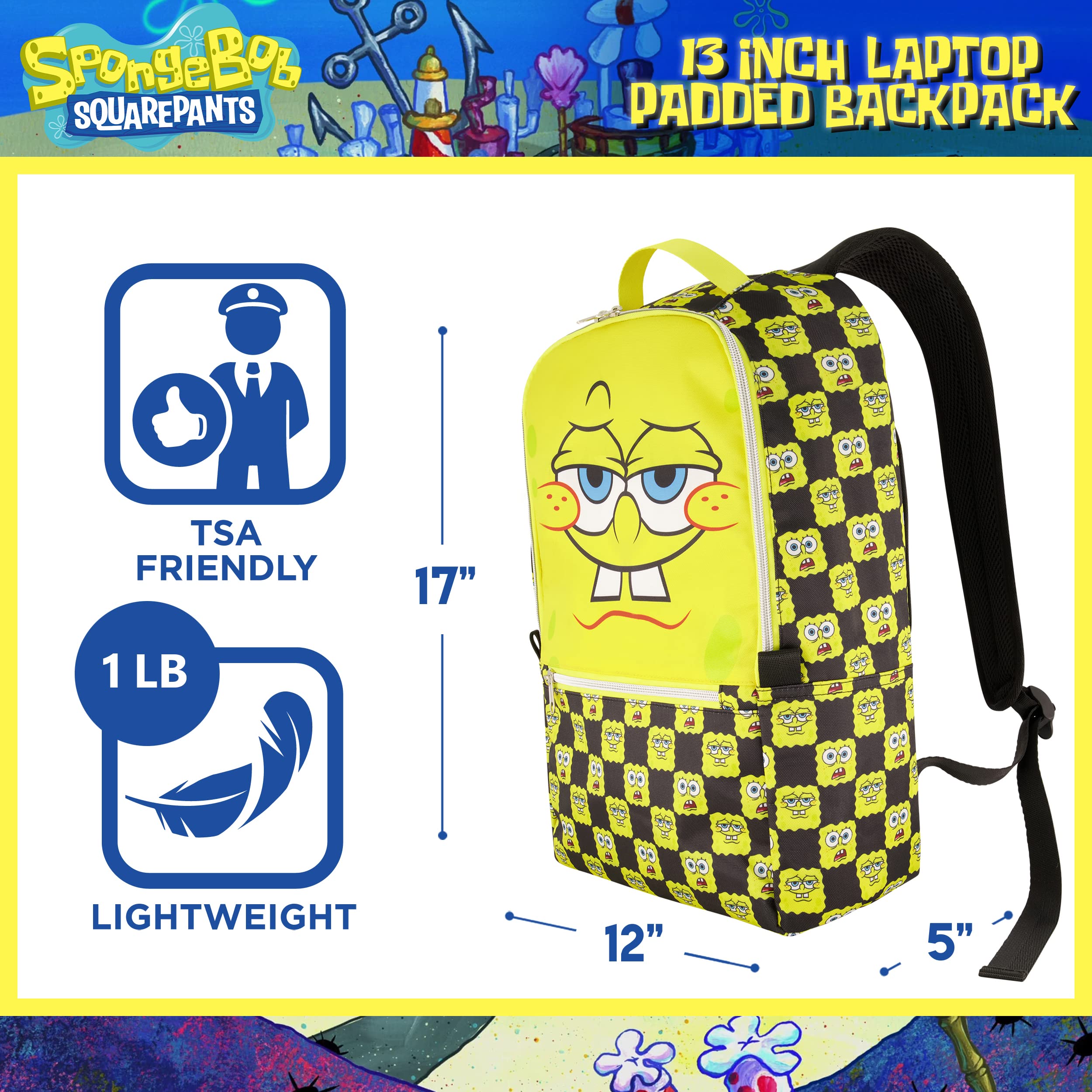 SpongeBob SquarePants 13 Inch Sleeve Laptop Backpack, Checkered Padded Computer Bag for Commute or Travel, Multi