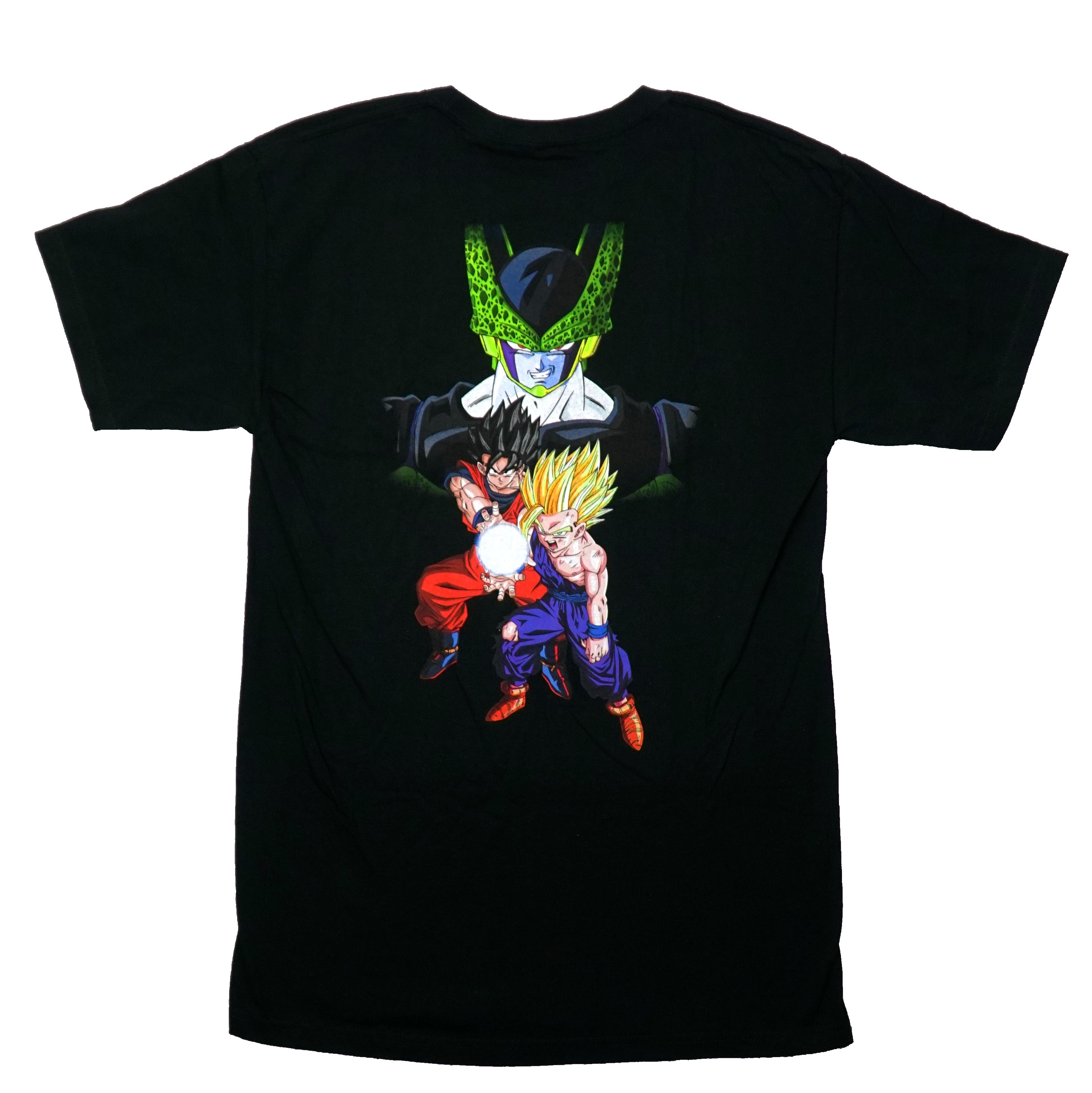Dragon Ball Z Mens T-Shirt - Lapel Logo Frieza Over Goku and Vegeta on Back