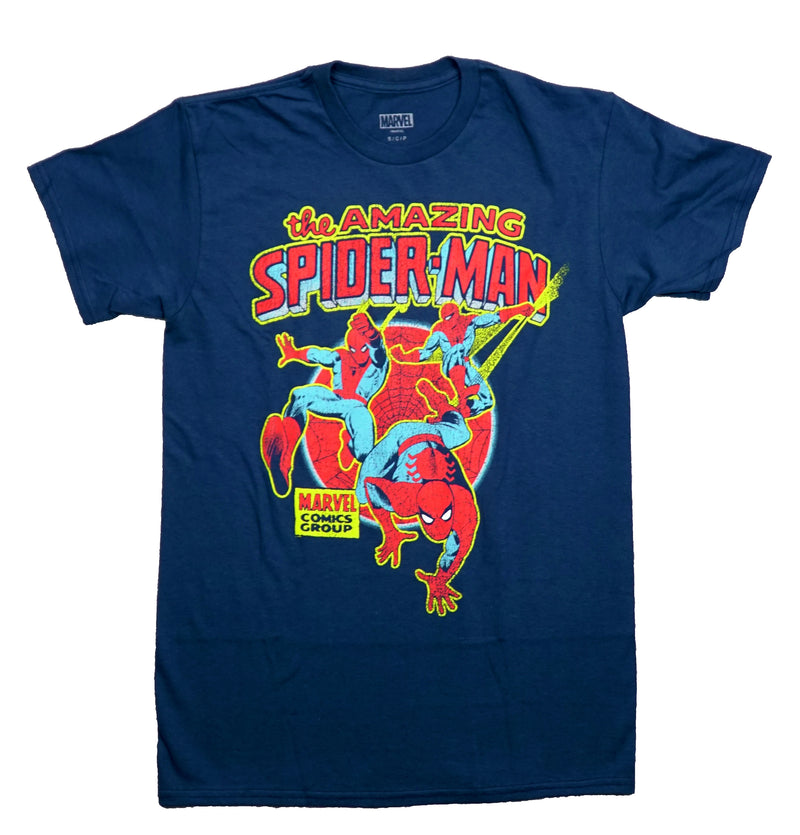 Spider-Man Mens T-Shirt - Trio Of Spider-Mans Over Distressed Web