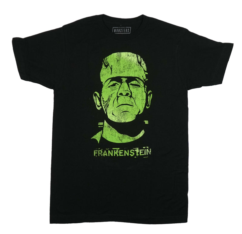 Frankenstein Mens T-Shirt - Giant Distressed Green Face Above Name