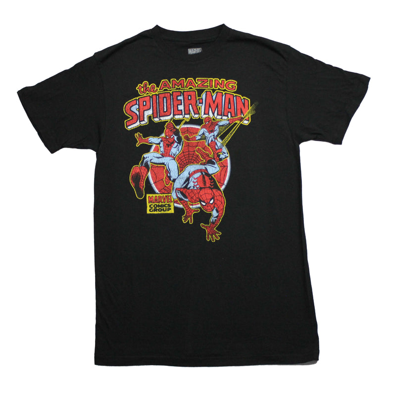 Spider-Man Mens T-Shirt - 3 Amazing Distressed Poses Over Web Circle