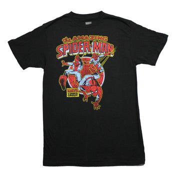 Spider-Man Mens T-Shirt - 3 Amazing Distressed Poses Over Web Circle