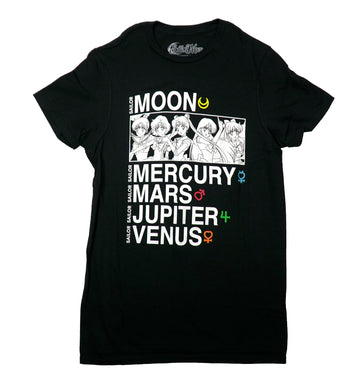 Sailor Moon Mens T-Shirt - Black and White Cast Over Names